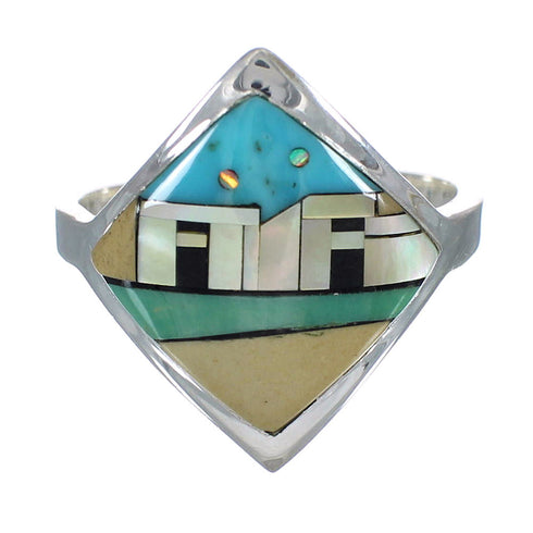 Southwestern Sterling Silver And Multicolor Native American Village Design Ring Size 6-1/2 YX78003