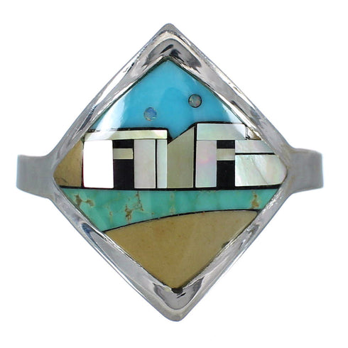 Sterling Silver And Multicolor Southwest Native American Village Design Ring Size 5-1/4 YX78019