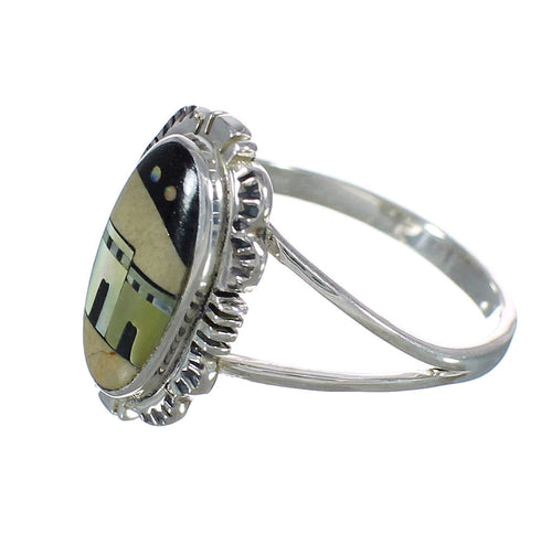 Multicolor Inlay Silver Native American Pueblo Design Ring Size 6 YX78075