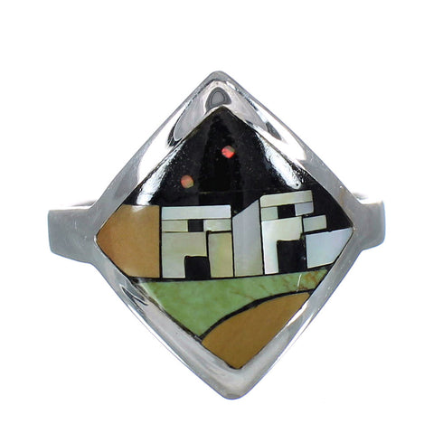 Southwestern Multicolor Inlay Silver Native American Village Design Ring Size 8-1/2 YX78202