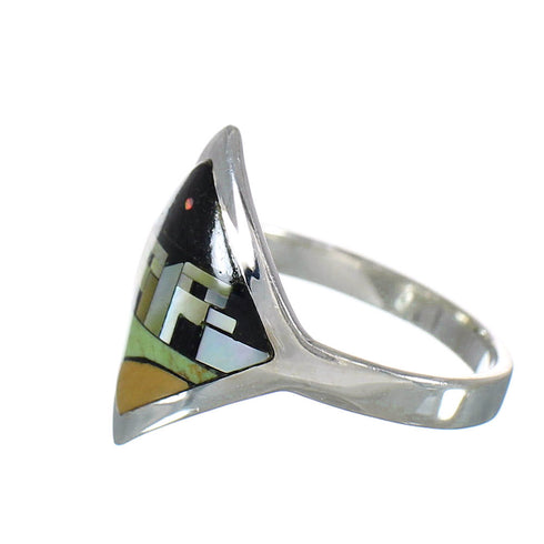 Southwestern Multicolor Inlay Silver Native American Village Design Ring Size 8-1/2 YX78202