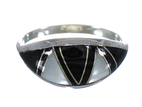 Sterling Silver Jet And Mother Of Pearl Inlay Ring Size 6 FX92444