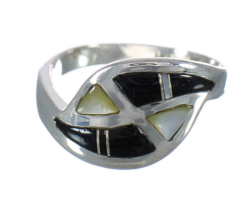 Authentic Sterling Silver Jet And Mother Of Pearl Inlay Ring Size 6 FX92461