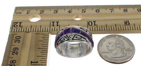 Southwest Authentic Sterling Silver Magenta Turquoise Inlay Water Wave Ring Size 6-1/4 QX74295