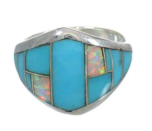 Turquoise And Opal Inlay Southwest Sterling Silver Ring Size 4-3/4 RX61746