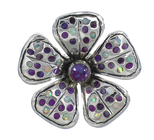 Genuine Sterling Silver Magenta Turquoise Opal Inlay Flower Ring Size 6 RX61389