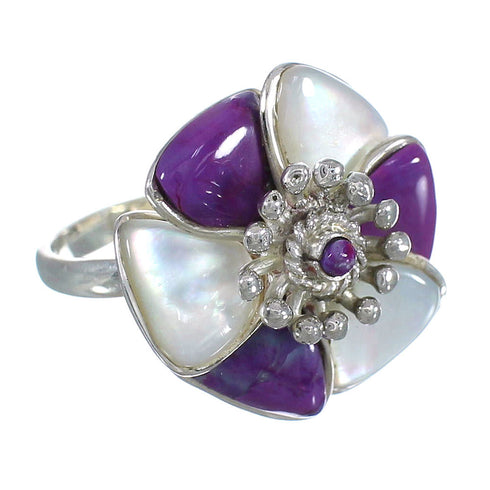 Southwestern Magenta Turquoise Mother Of Pearl Sterling Silver Flower Ring Size 4-3/4 RX61407