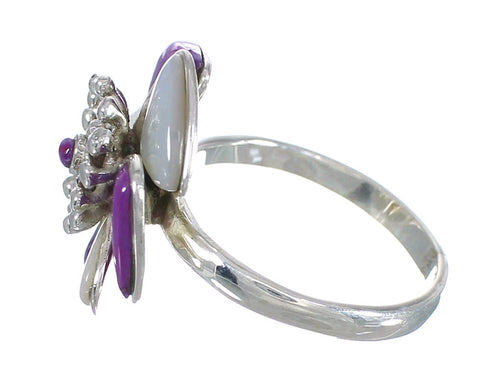 Mother Of Pearl Magenta Turquoise Sterling Silver Flower Ring Size 7-3/4 RX61475