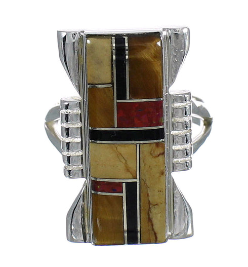 Genuine Sterling Silver And Multicolor Inlay Jewelry Ring Size 7-1/2 VX62272