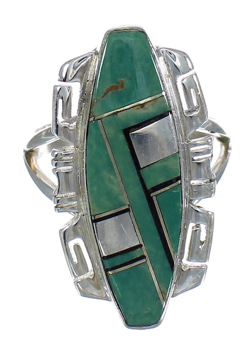 Southwest Turquoise And Jet Inlay Silver Ring Size 5 AX82395