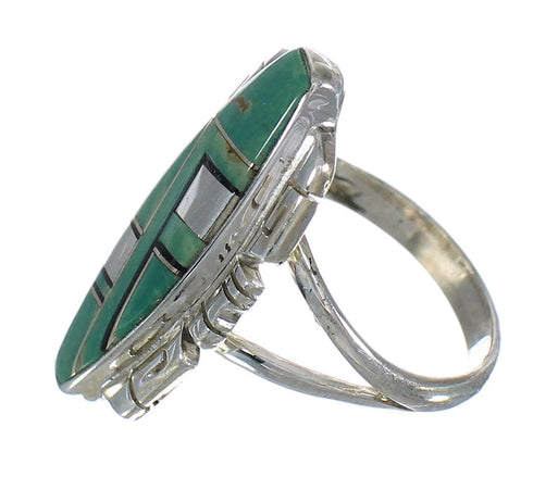 Southwest Turquoise And Jet Inlay Silver Ring Size 5 AX82395