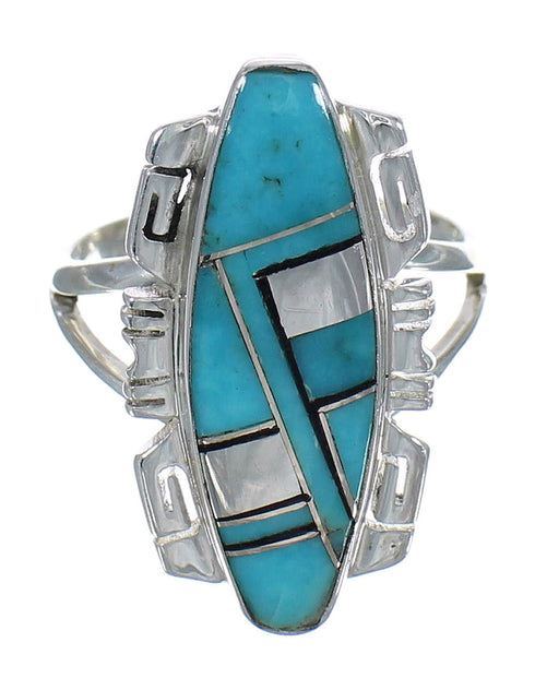 Southwestern Turquoise And Jet Inlay Silver Ring Size 4-1/2 AX82396