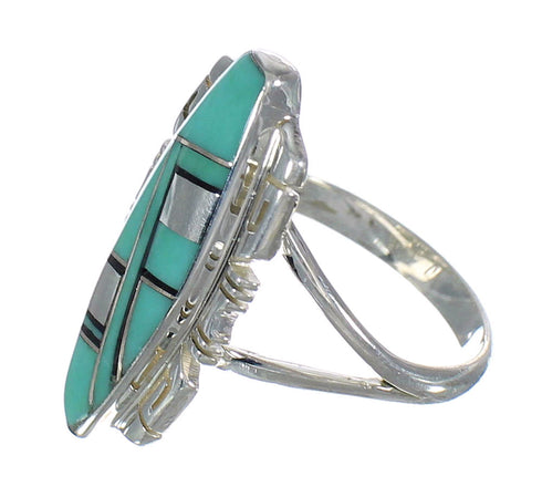 Turquoise And Jet Inlay Sterling Silver Ring Size 8-1/2 AX82410