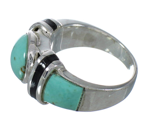Sterling Silver Southwestern Turquoise And Jet Inlay Ring Size 7-1/4 AX82549