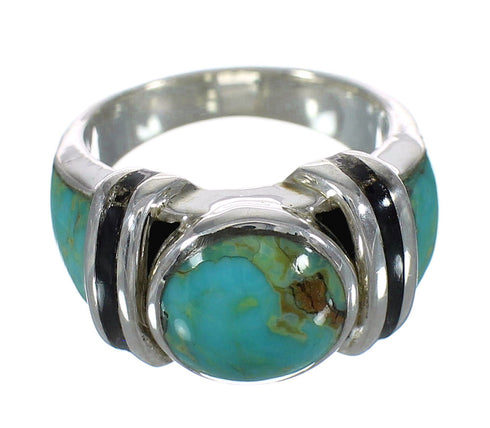 Silver Southwestern Jet And Turquoise Ring Size 7-1/4 AX82558
