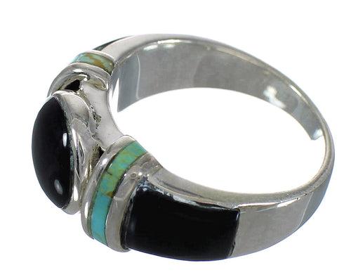 Genuine Sterling Silver Turquoise And Jet Inlay Ring Size 4-1/2 AX82603