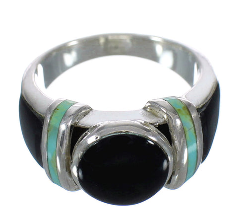 Turquoise And Jet Inlay Silver Southwestern Ring Size 6-1/4 AX82656