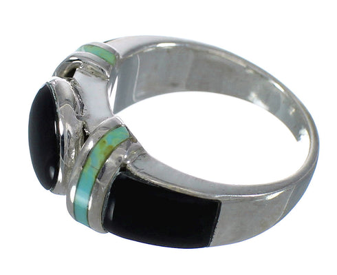 Turquoise And Jet Inlay Silver Southwestern Ring Size 6-1/4 AX82656