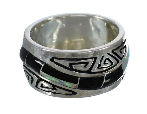 Jet And Opal Inlay Authentic Sterling Silver Water Wave Ring Size 6-1/4 AX82695