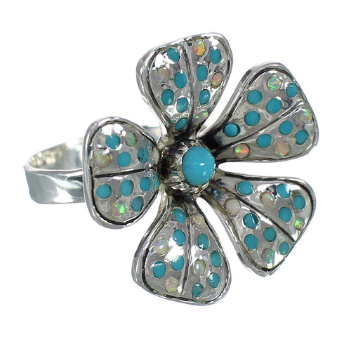 Turquoise And Opal Sterling Silver Flower Southwestern Ring Size 8-1/4 WX70664