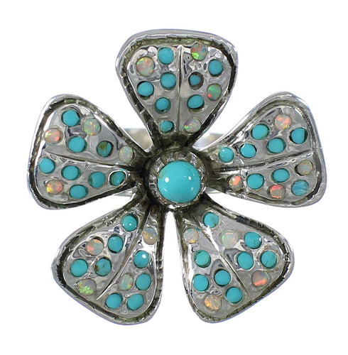 Opal And Turquoise Flower Southwest Silver Ring Size 7-3/4 WX70709