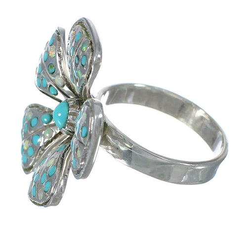 Southwestern Opal And Turquoise Flower Silver Ring Size 7-1/2 WX70707