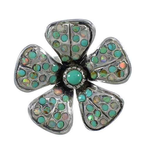 Turquoise And Opal Flower Southwest Genuine Sterling Silver Ring Size 7-3/4 WX70754