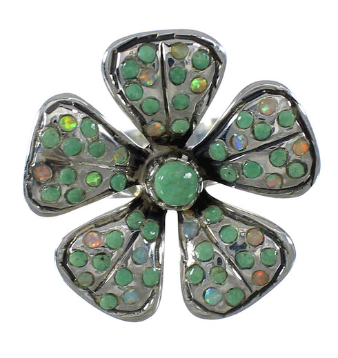 Turquoise And Opal Flower Southwestern Silver Ring Size 6-1/4 WX70759