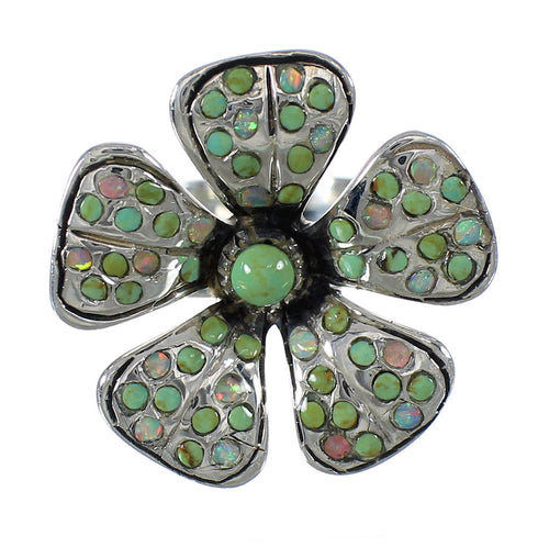 Southwest Silver Turquoise And Opal Flower Ring Size 7-1/4 WX70768