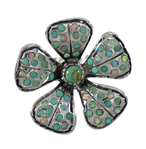 Silver Turquoise And Opal Flower Southwest Ring Size 5-1/4 WX70773