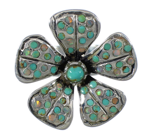Opal And Turquoise Silver Flower Southwestern Ring Size 7-1/4 WX70783