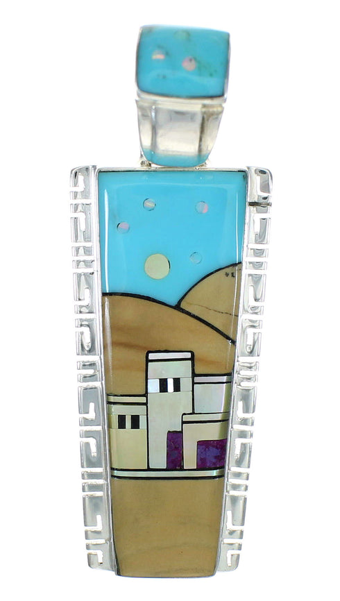 Southwest Silver Multicolor Inlay Native American Village Design Pendant MX64262