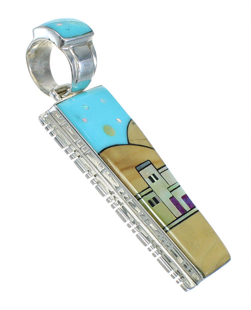 Southwest Silver Multicolor Inlay Native American Village Design Pendant MX64262