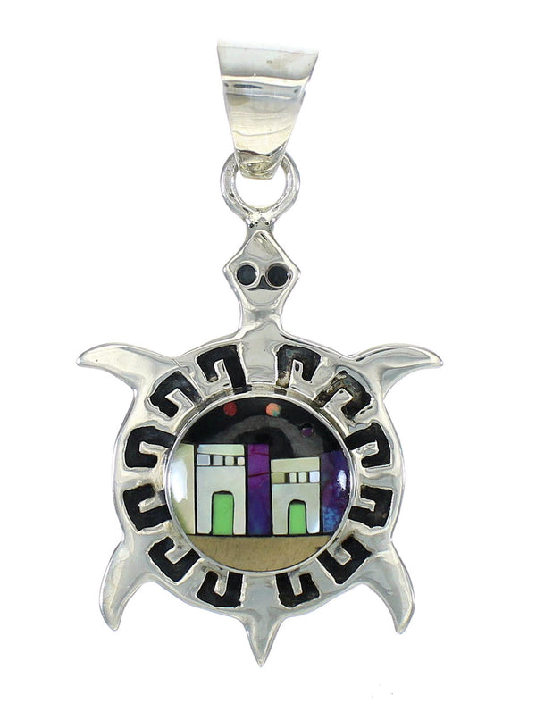 Native American Pueblo Design Silver Multicolor Inlay Turtle Pendant MX64304