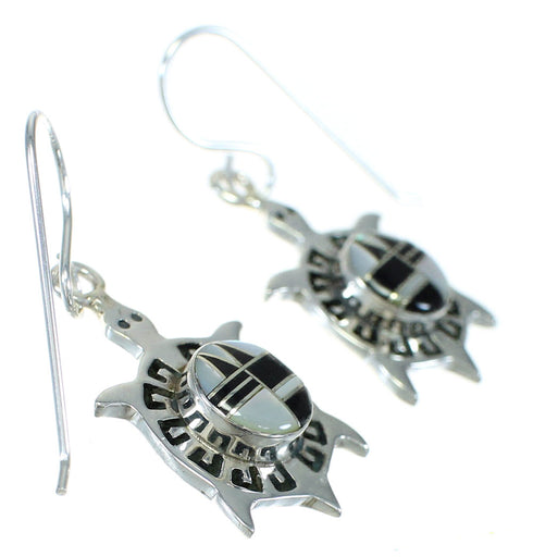 Jet And Mother Of Pearl Turtle Southwest Sterling Silver Hook Earrings WX63390