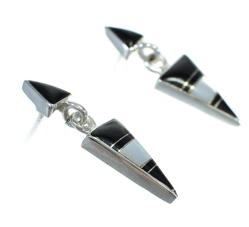 Jet And Mother Of Pearl Southwest Silver Post Dangle Earrings WX63412