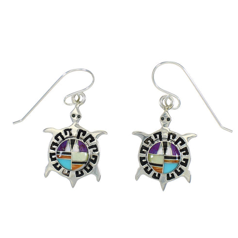 Southwest Multicolor Sterling Silver Water Wave Turtle Hook Dangle Earrings WX78679