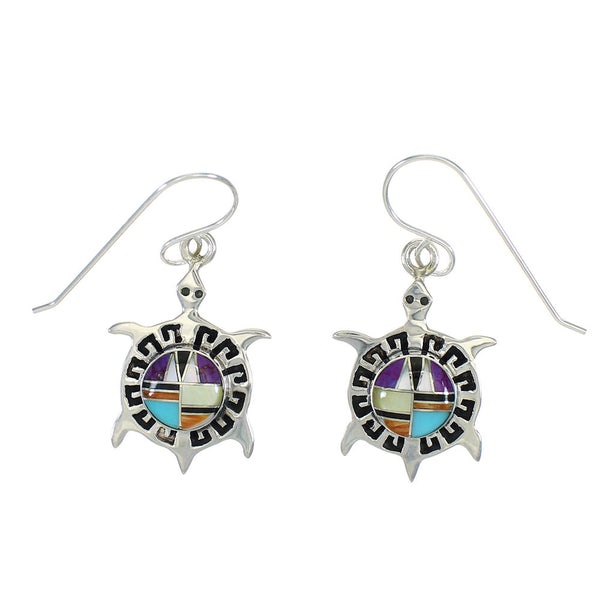 Southwest Multicolor Sterling Silver Water Wave Turtle Hook Dangle Earrings WX78679