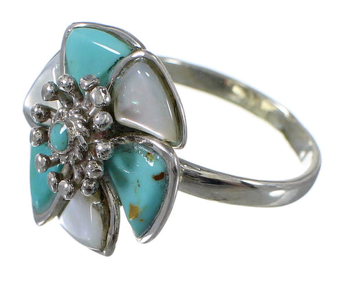 Southwest Sterling Silver Turquoise Mother Of Pearl Flower Ring Size 8-1/4 QX75737