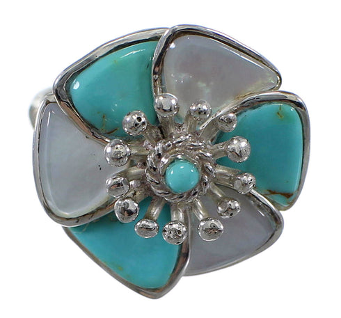 Authentic Sterling Silver Turquoise Mother Of Pearl Flower Ring Size 6-3/4 QX75742