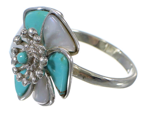 Southwestern Sterling Silver Turquoise Mother Of Pearl Flower Ring Size 5-1/4 QX75738
