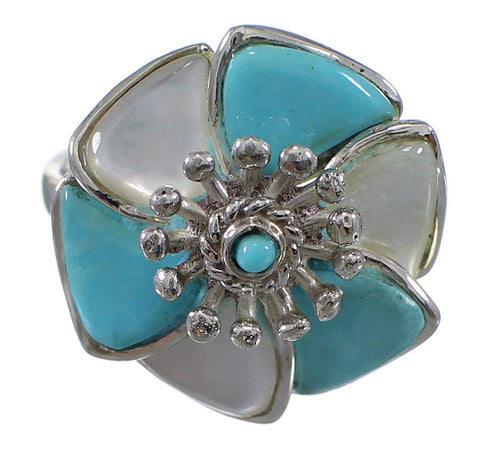 Turquoise Mother Of Pearl Silver Flower Ring Size 7-1/4 QX75762