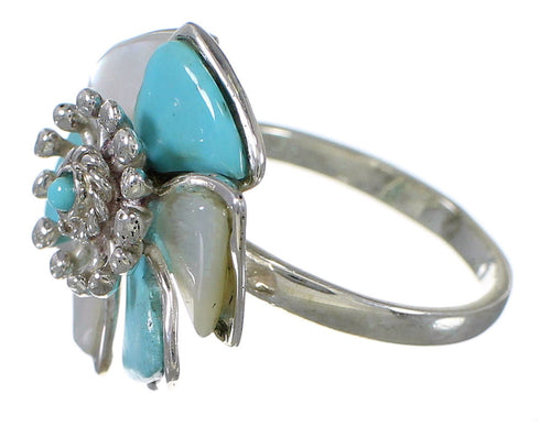 Turquoise Mother Of Pearl Silver Flower Ring Size 7-1/4 QX75762