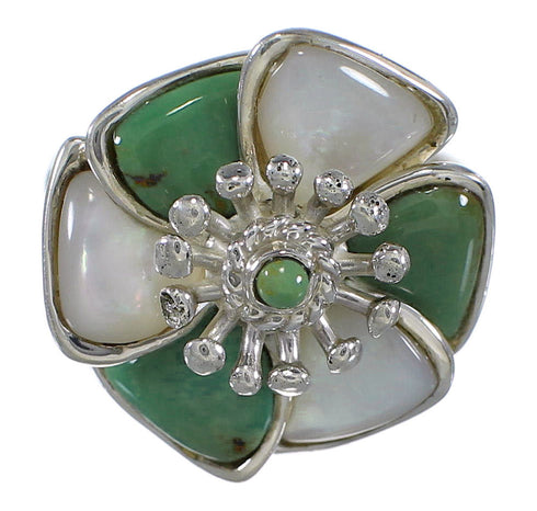 Turquoise Mother Of Pearl Sterling Silver Southwest Flower Ring Size 6-1/4 QX75771