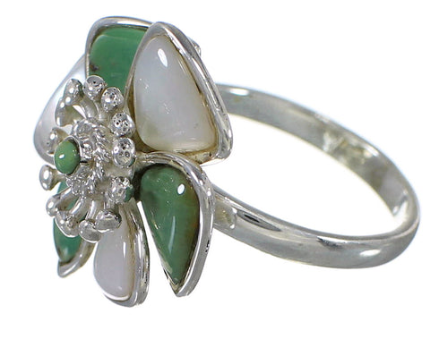 Turquoise Mother Of Pearl Sterling Silver Southwest Flower Ring Size 6-1/4 QX75771