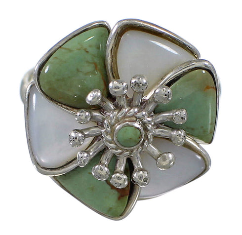 Turquoise Mother Of Pearl Authentic Sterling Silver Southwest Flower Ring Size 7-1/4 QX75777