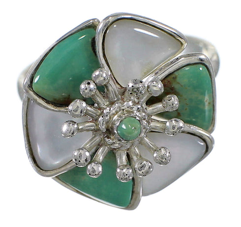 Turquoise Mother Of Pearl Southwest Silver Flower Ring Size 7-3/4 QX75785