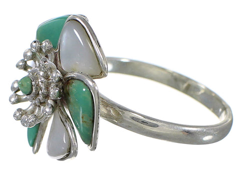 Turquoise Mother Of Pearl Southwest Silver Flower Ring Size 7-3/4 QX75785
