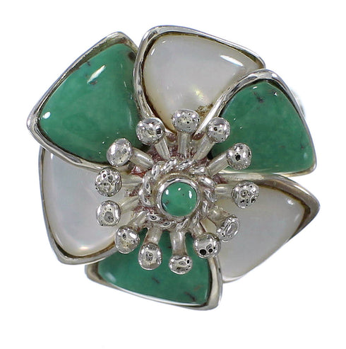 Turquoise Mother Of Pearl Southwestern Sterling Silver Flower Ring Size 5-1/4 QX75790