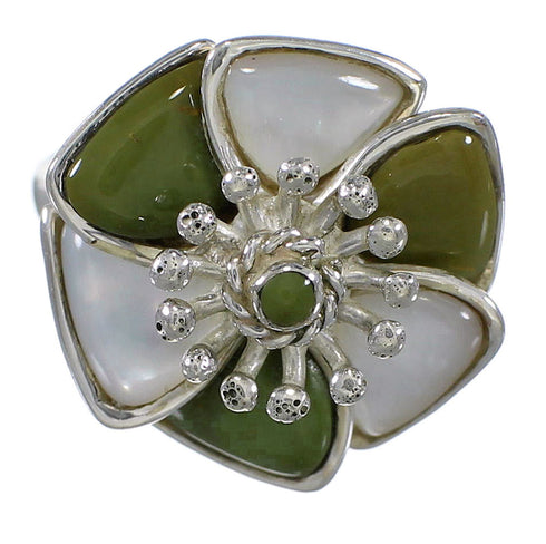 Turquoise Mother Of Pearl Flower Southwest Sterling Silver Ring Size 7-3/4 QX75799